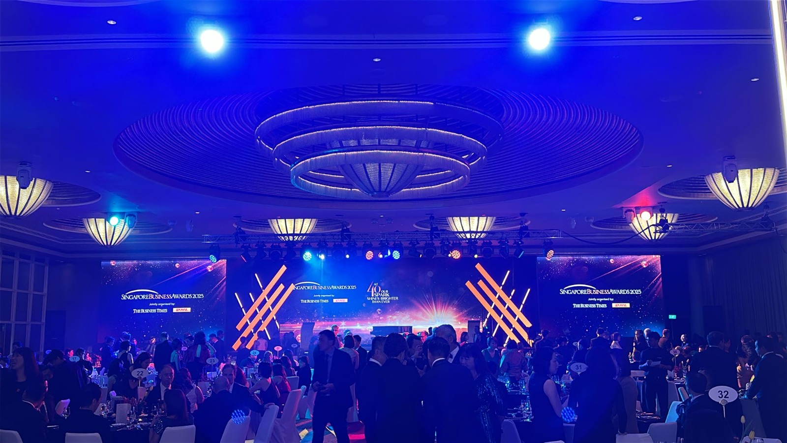 Grand ballroom awards gala lit by a gold triangular LED rig and blue uplighting, with round banquet tables and chandelier ceiling